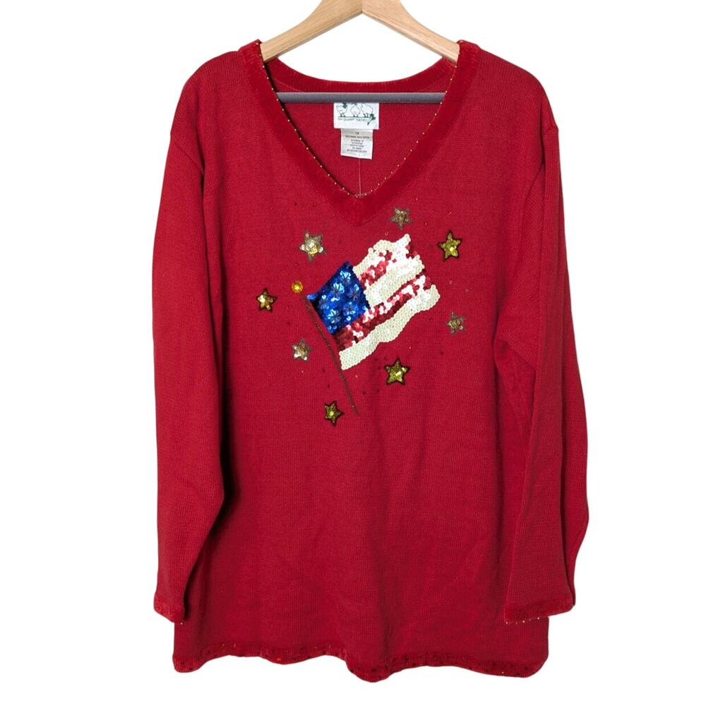 NWT VTG Quacker Factory Red USA Flag Sequin Tunic Sweater Women 1X Patriotic